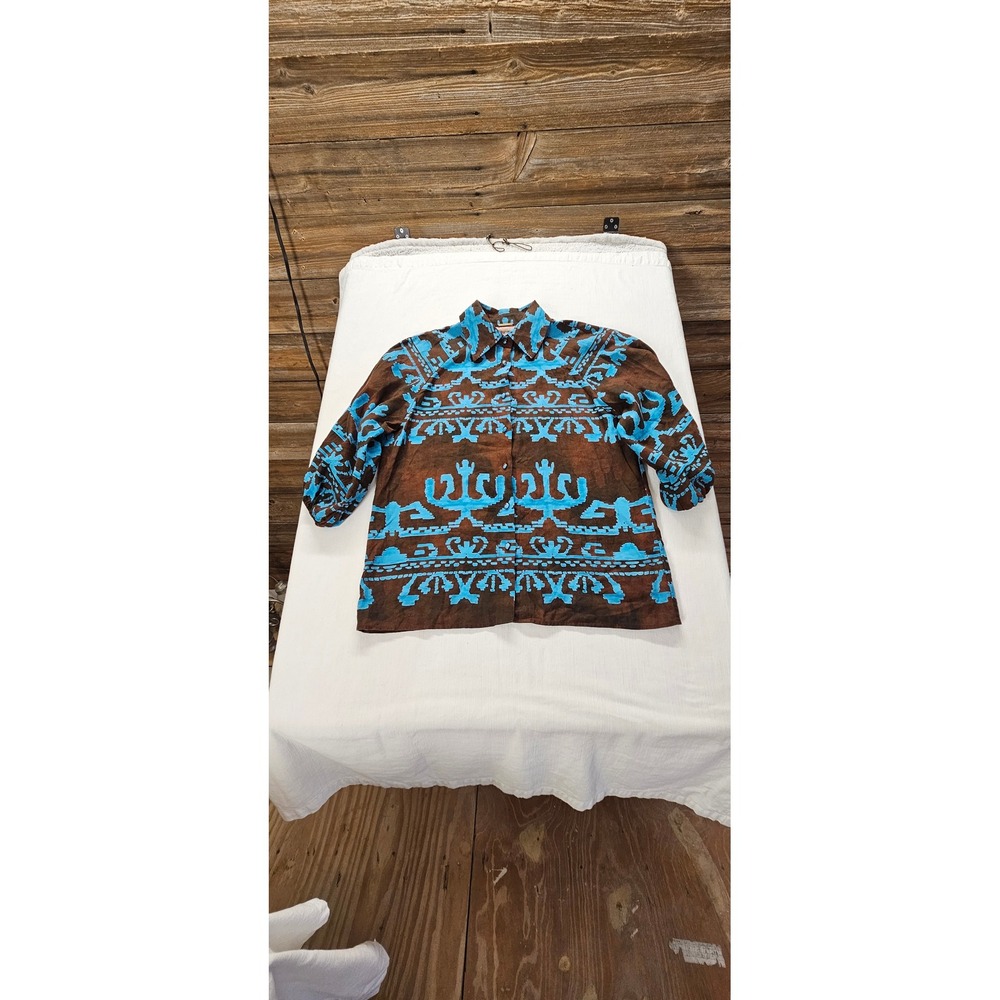 Alexis Women Brown Blue Ikat Print Linen Cotton Puff Sleeve Button Down Shirt M